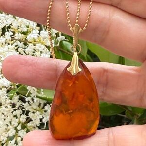 Natural Baltic amber pendant 18K gold plated adjustable chain